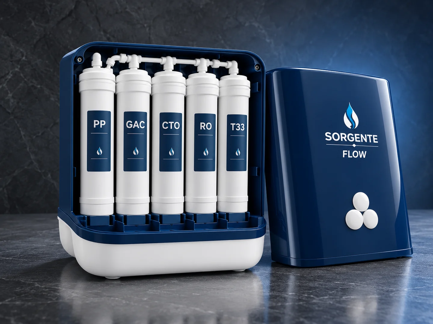 Sorgente Flow kasasının içi: PP, GAC, CTO, RO ve T33 filtreleri yan yana