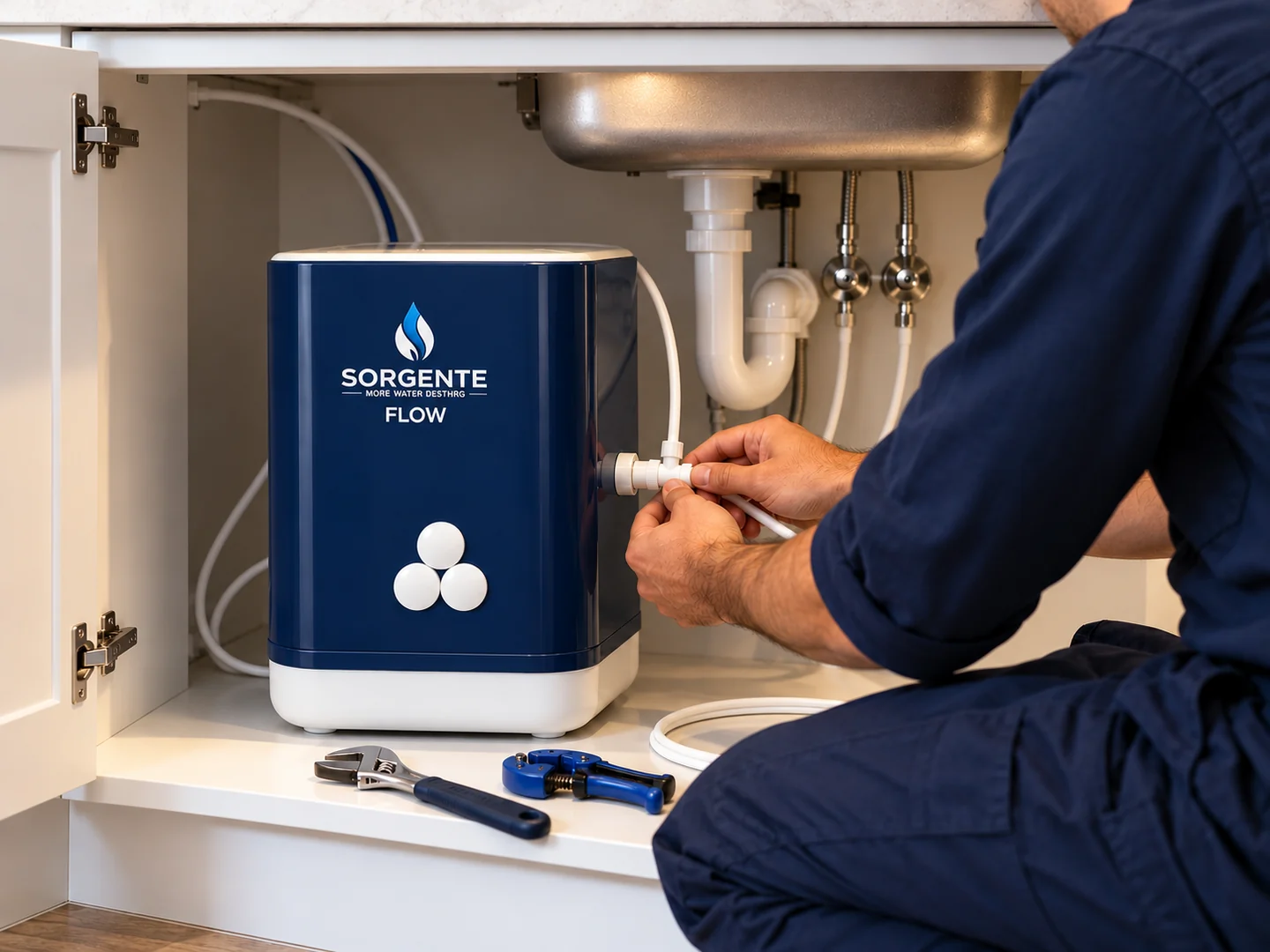 Teknisyen lavabo altında Sorgente Flow montajı yapıyor